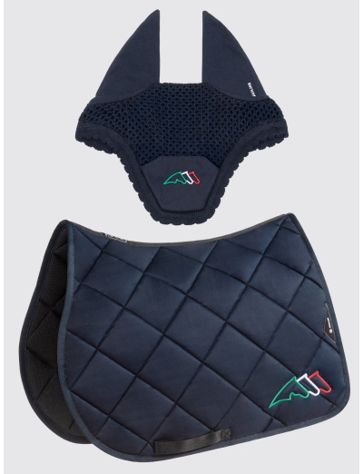 EQTRICOLORE - Blue rombo saddle pad and earnet kit with tricolor logo