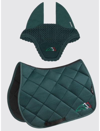 EQTRICOLORE - Set tapis de selle et bonnet vert avec logo tri-couleurs