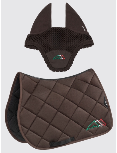 EQTRICOLORE - Brown rombo saddle pad and earnet kit with tricolor logo