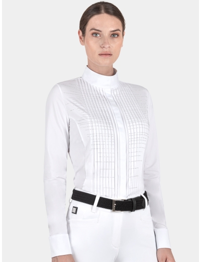 WHITE WOMEN'S PLEATED COMPETITION SHIRT WITH MICRO-STUDS