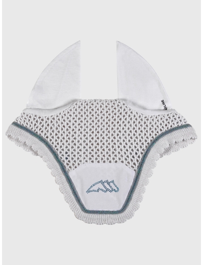 Bonnet d’oreille tricoté blanc avec logo en strass aigue-marine