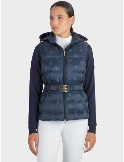 BLUE WOMEN'S PADDED VEST WITH HOOD AND ALLOVER PRINT