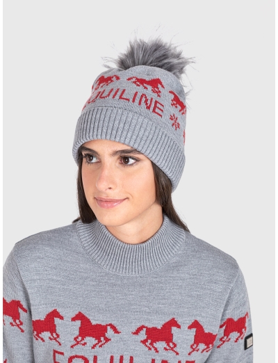 GRAUE WEIHNACHTLICHE WOLLMÜTZE MIT BOMMEL UND EQUILINE-LOGO