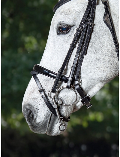 NOIR MUSEROLLE SUÉDOISE CONTRASTÉE VERNIE AVEC DOUBLURE BLANCHE ET NOSEBAND