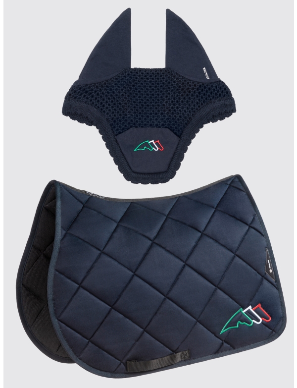 EQTRICOLORE - Blue rombo saddle pad and earnet kit with tricolor logo