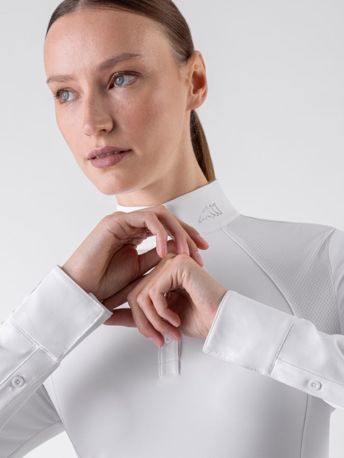 GHITAK - Polo da competizione donna bianca con maniche lunghe e strass