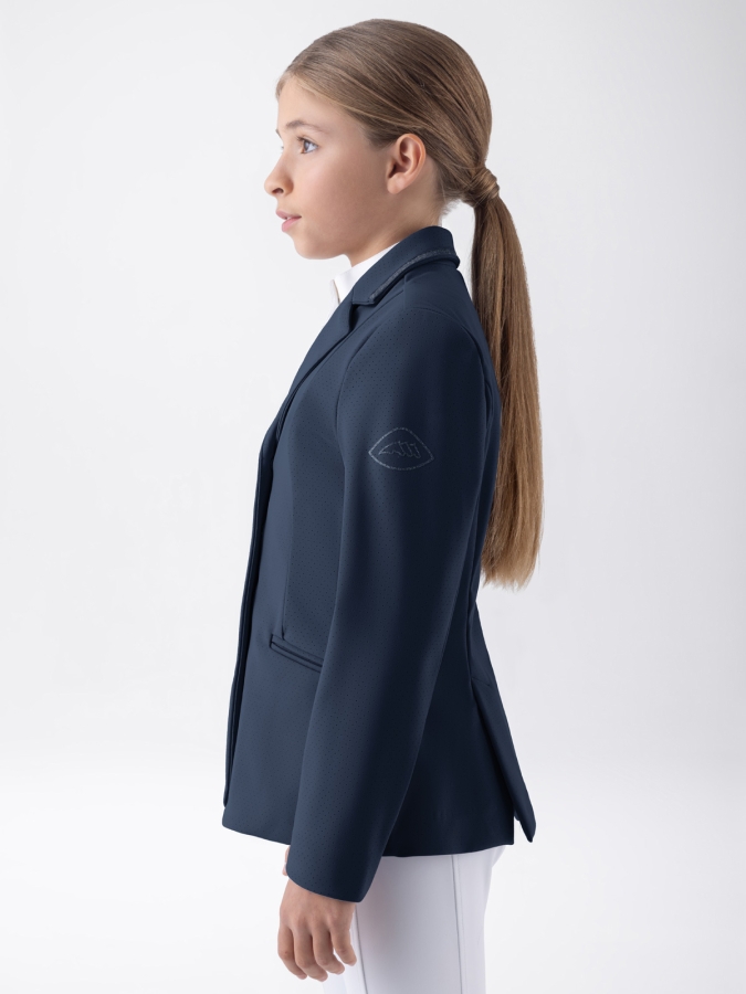 Giacca competizione blu con dettagli in crystal fabric tono su tono da bambina