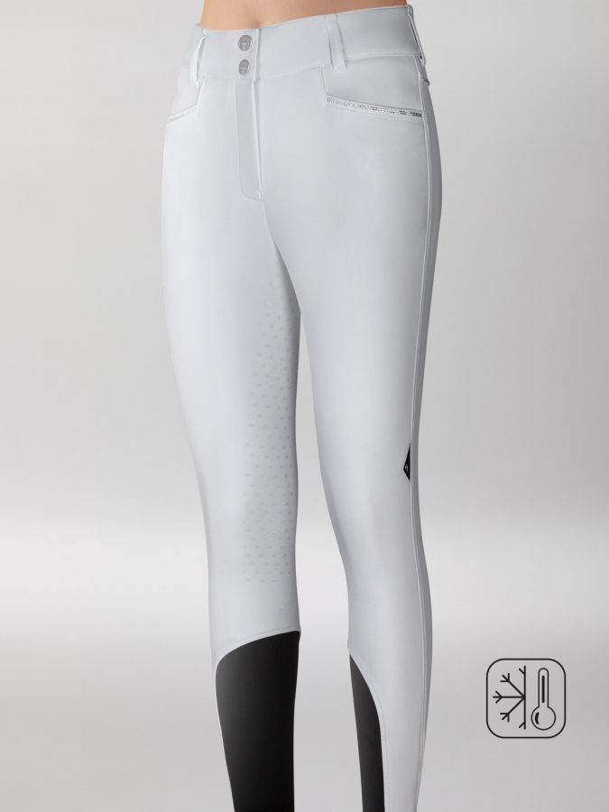 Pantaloni full grip a vita alta bianchi con interno in pile e strass da donna