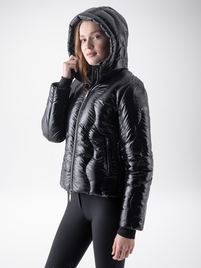 Piumino donna nero effetto lucido con cappuccio magnetico
