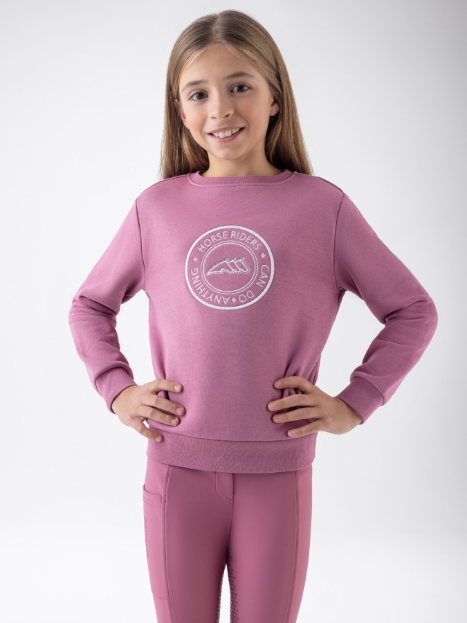Felpa a girocollo da bambina rosa con logo ricamato con dettagli in strass