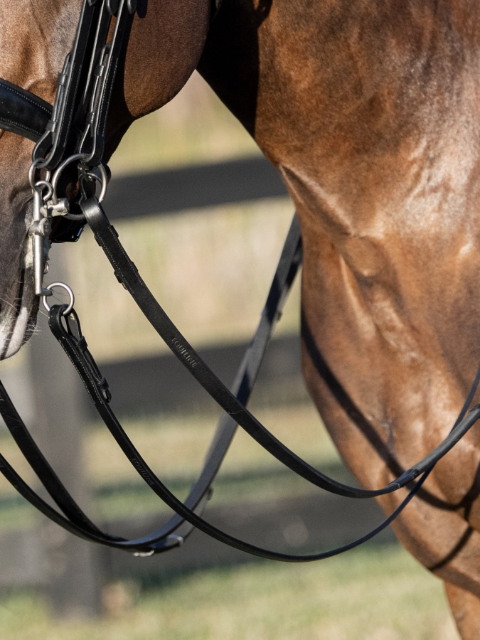 Black plain leather reins for weymouth bridle with hook & stud closure