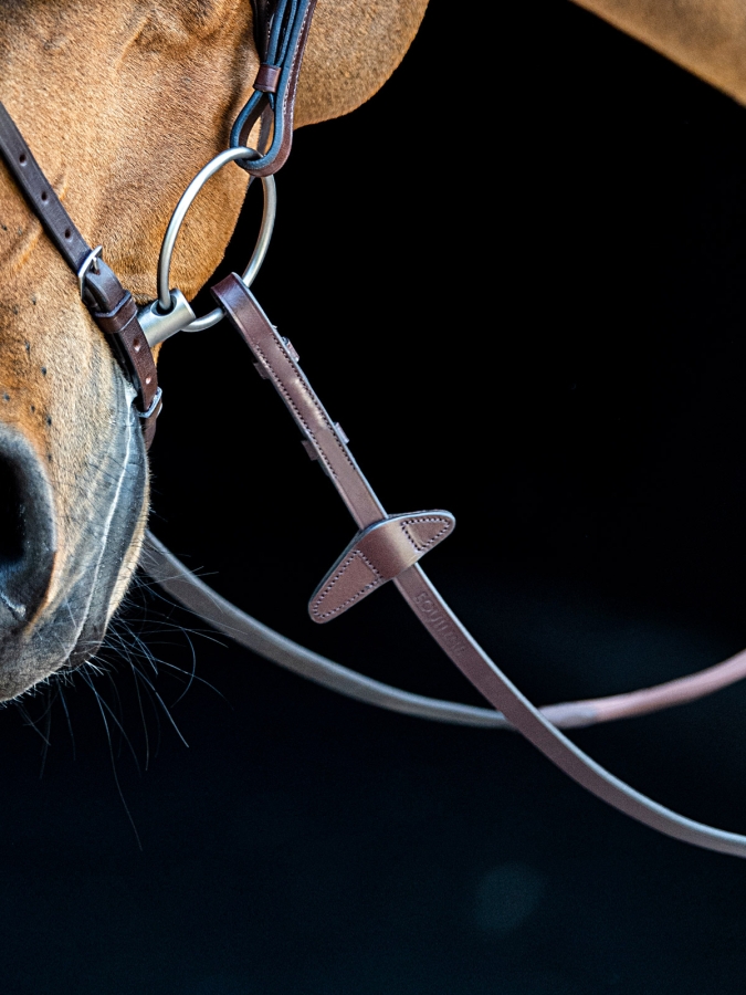 Brown rubber grip reins with new shape martingale stopper and hook & stud closure